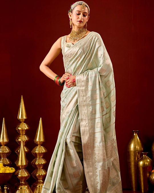 Pistachio Banarasi Saree with Geometric Woven Elegance