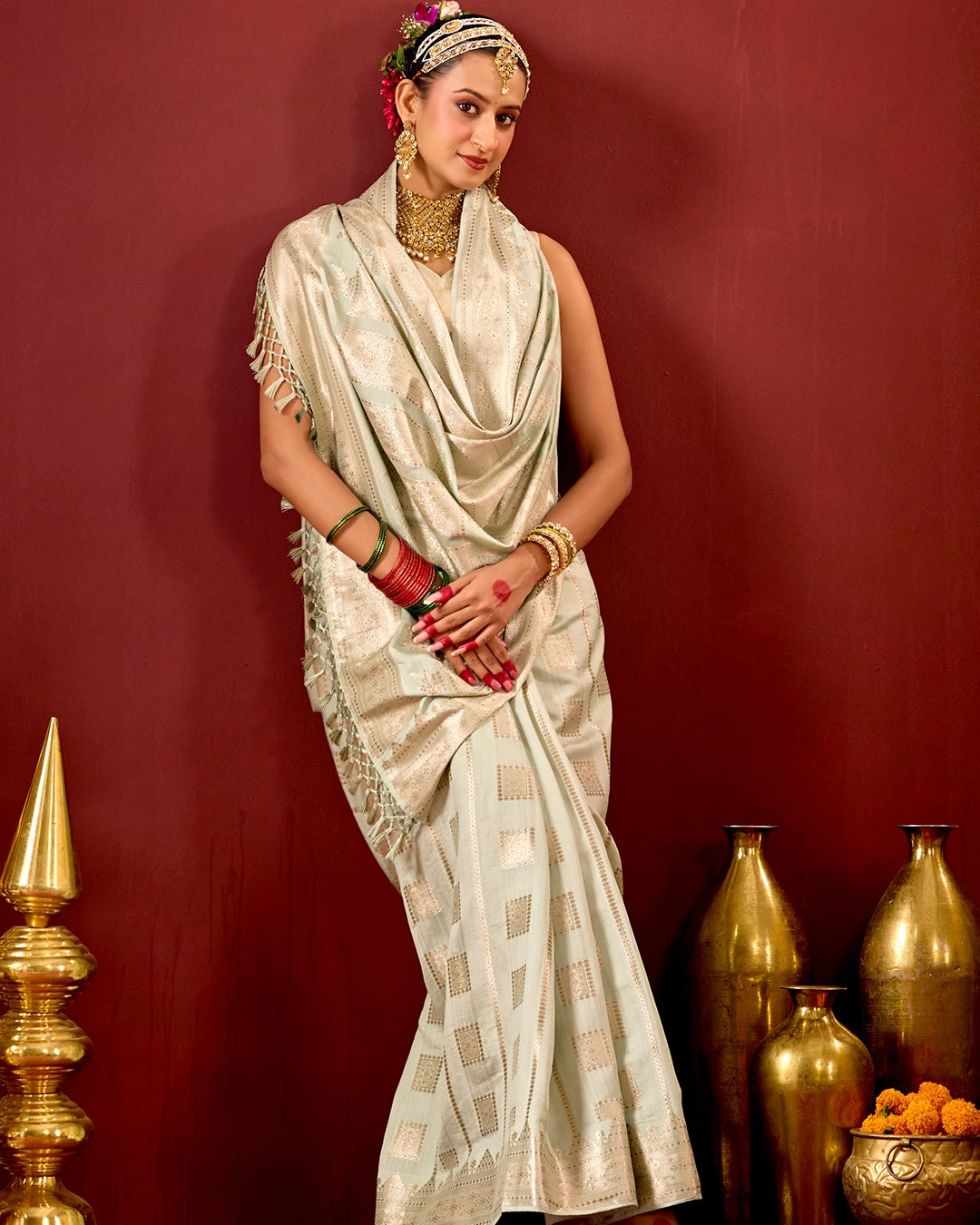 Pistachio Banarasi Saree with Geometric Woven Elegance