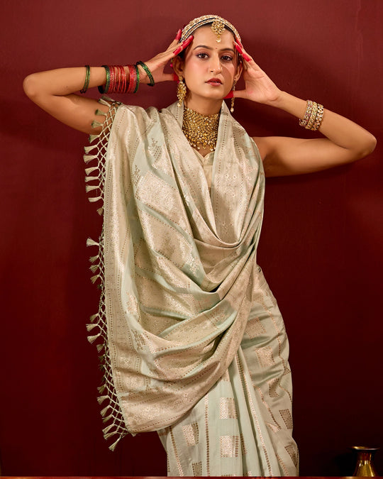 Pistachio Banarasi Saree with Geometric Woven Elegance
