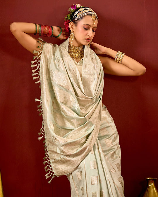 Pistachio Banarasi Saree with Geometric Woven Elegance