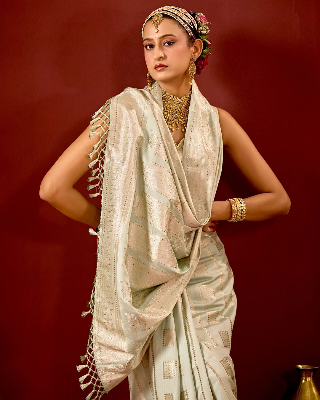 Pistachio Banarasi Saree with Geometric Woven Elegance