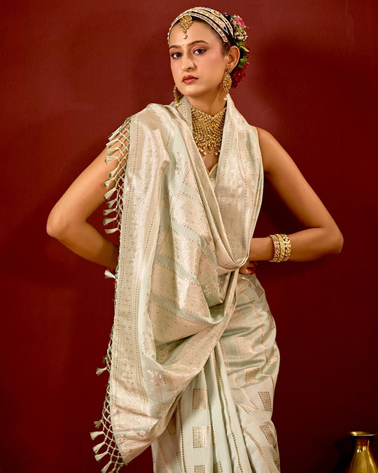Pistachio Banarasi Saree with Geometric Woven Elegance