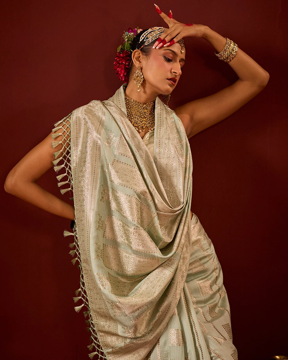 Pistachio Banarasi Saree with Geometric Woven Elegance