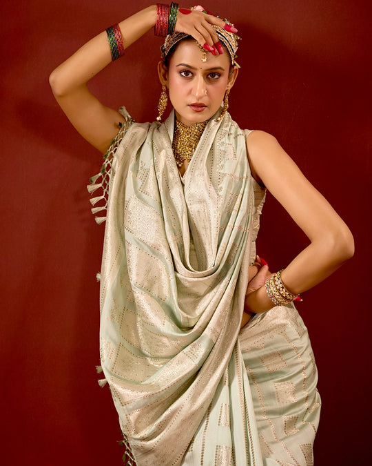 Pistachio Banarasi Saree with Geometric Woven Elegance