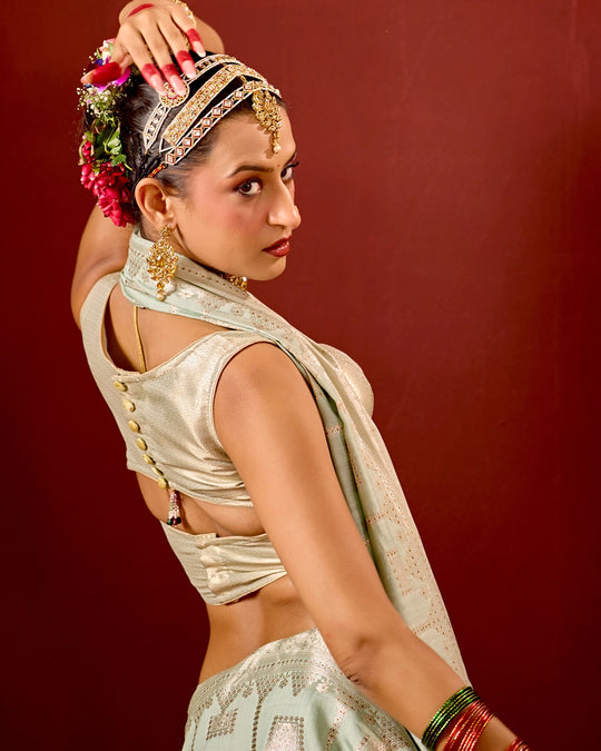 Pistachio Banarasi Saree with Geometric Woven Elegance