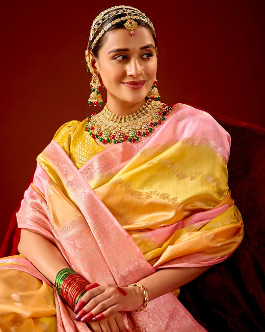 Blush Rangkat Banarasi Saree with Delicate Weaving Hues