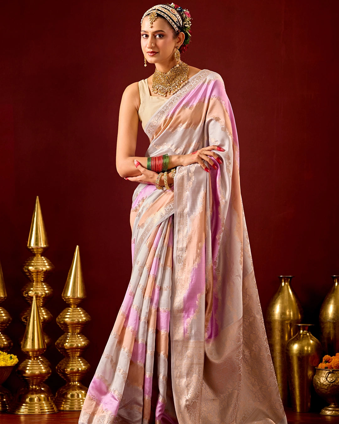 Pastel Rangkat Banarasi Saree with Stripes Heritage Weaves