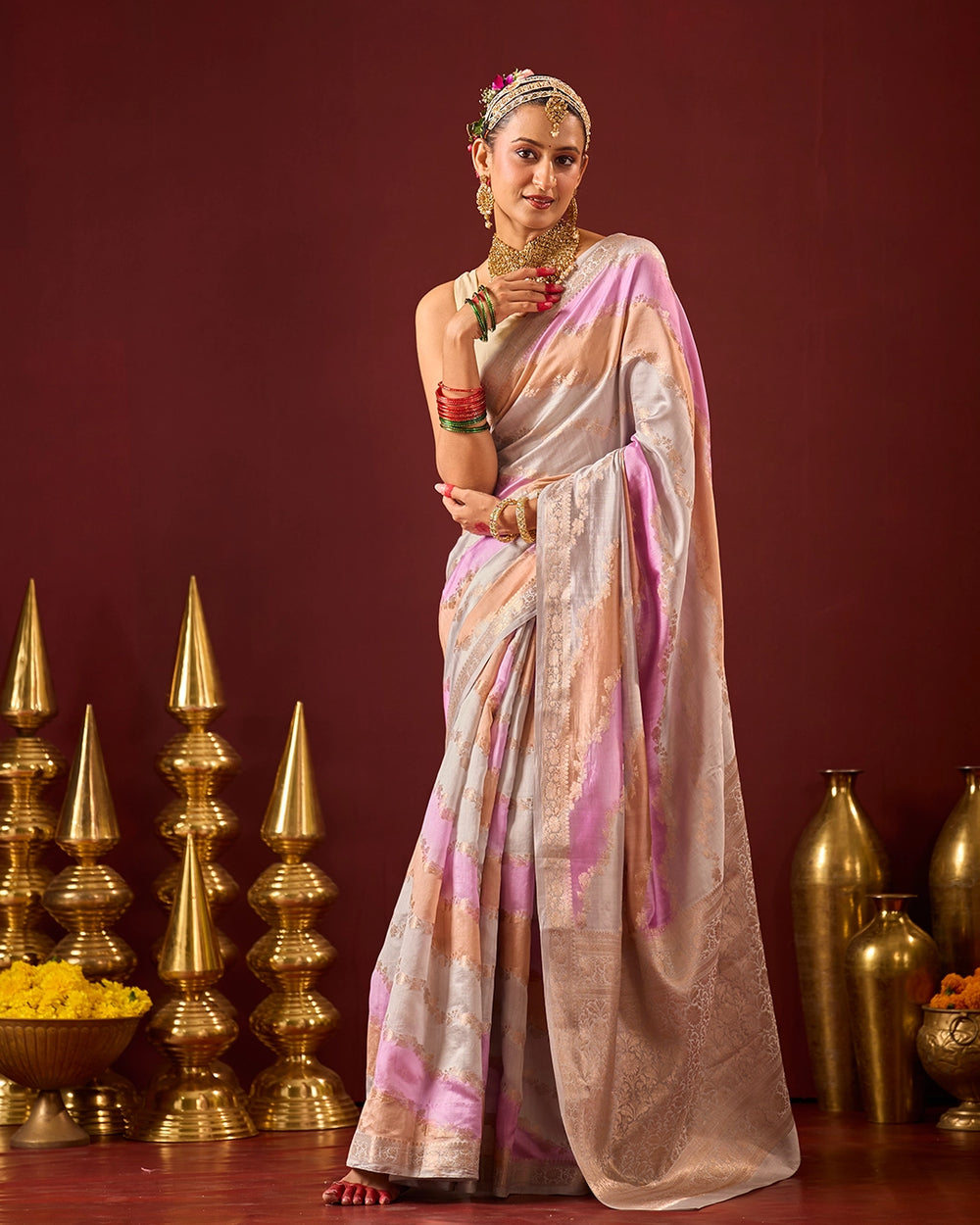 Pastel Rangkat Banarasi Saree with Stripes Heritage Weaves