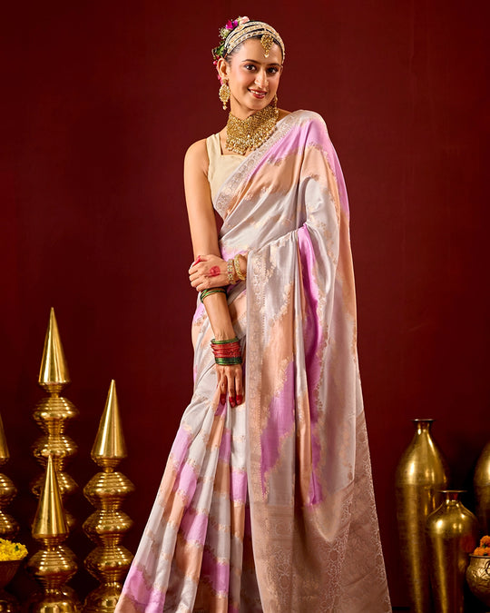 Pastel Rangkat Banarasi Saree with Stripes Heritage Weaves