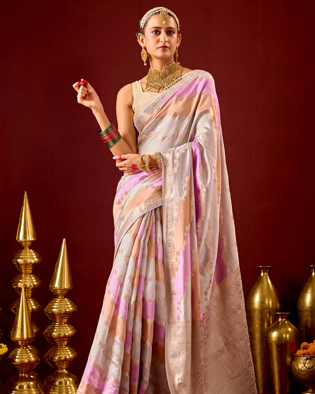 Pastel Rangkat Banarasi Saree with Stripes Heritage Weaves