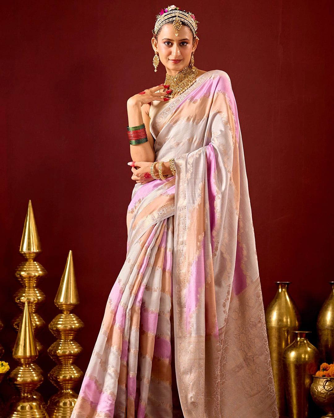 Pastel Rangkat Banarasi Saree with Stripes Heritage Weaves