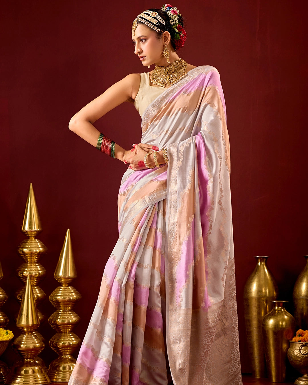 Pastel Rangkat Banarasi Saree with Stripes Heritage Weaves
