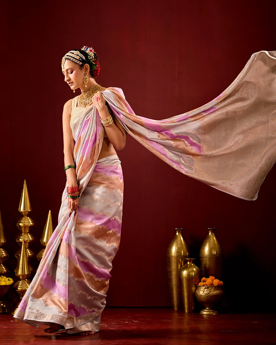 Pastel Rangkat Banarasi Saree with Stripes Heritage Weaves