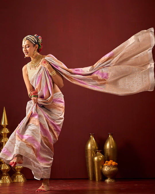 Pastel Rangkat Banarasi Saree with Stripes Heritage Weaves