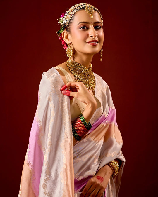 Pastel Rangkat Banarasi Saree with Stripes Heritage Weaves