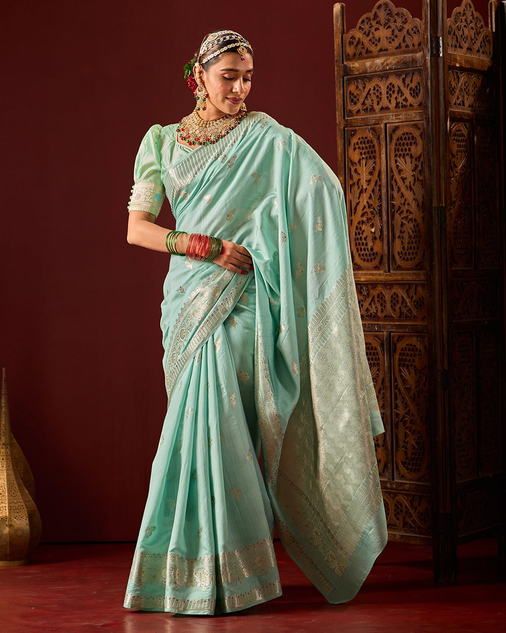 Aqua Banarasi Saree with Subtle Meenakari Weaves