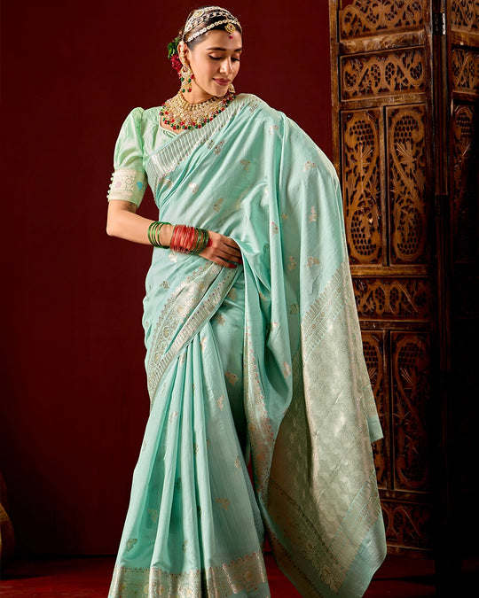 Aqua Banarasi Saree with Subtle Meenakari Weaves