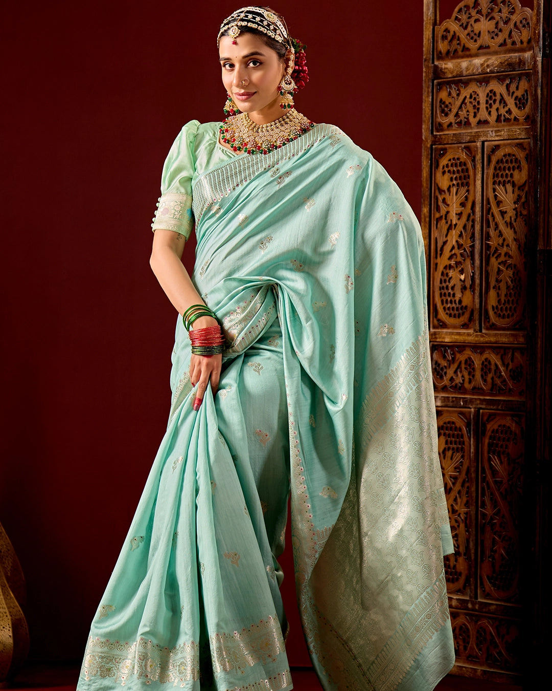 Aqua Banarasi Saree with Subtle Meenakari Weaves