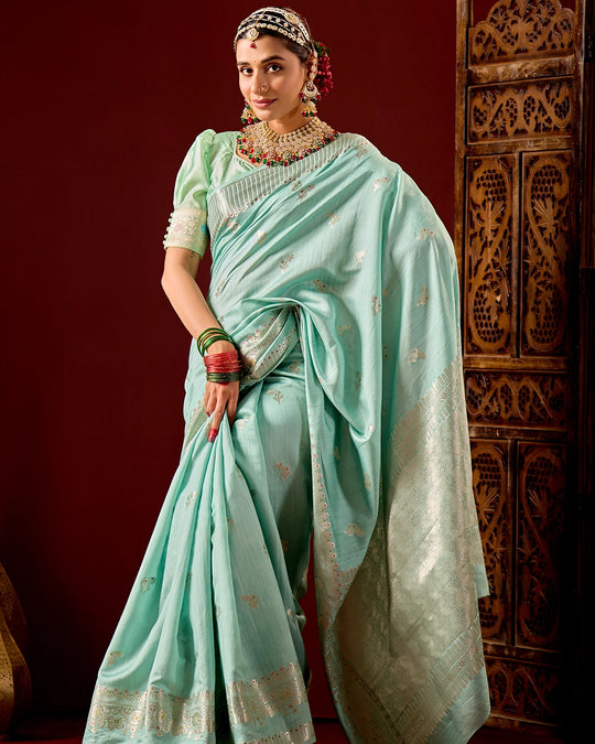 Aqua Banarasi Saree with Subtle Meenakari Weaves