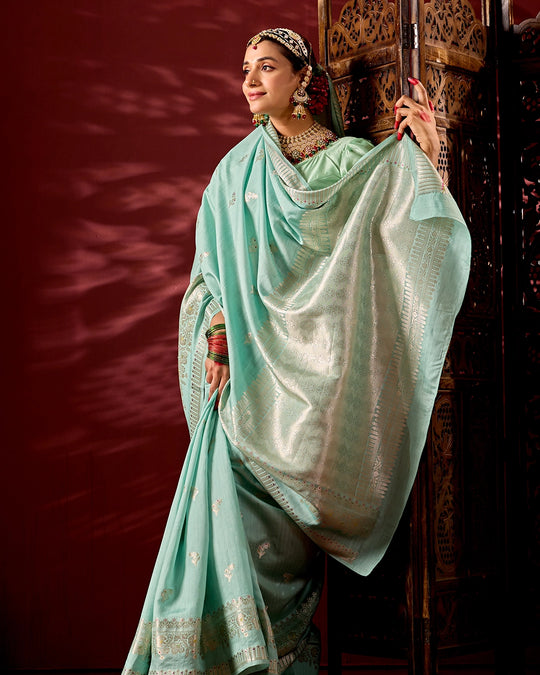 Aqua Banarasi Saree with Subtle Meenakari Weaves
