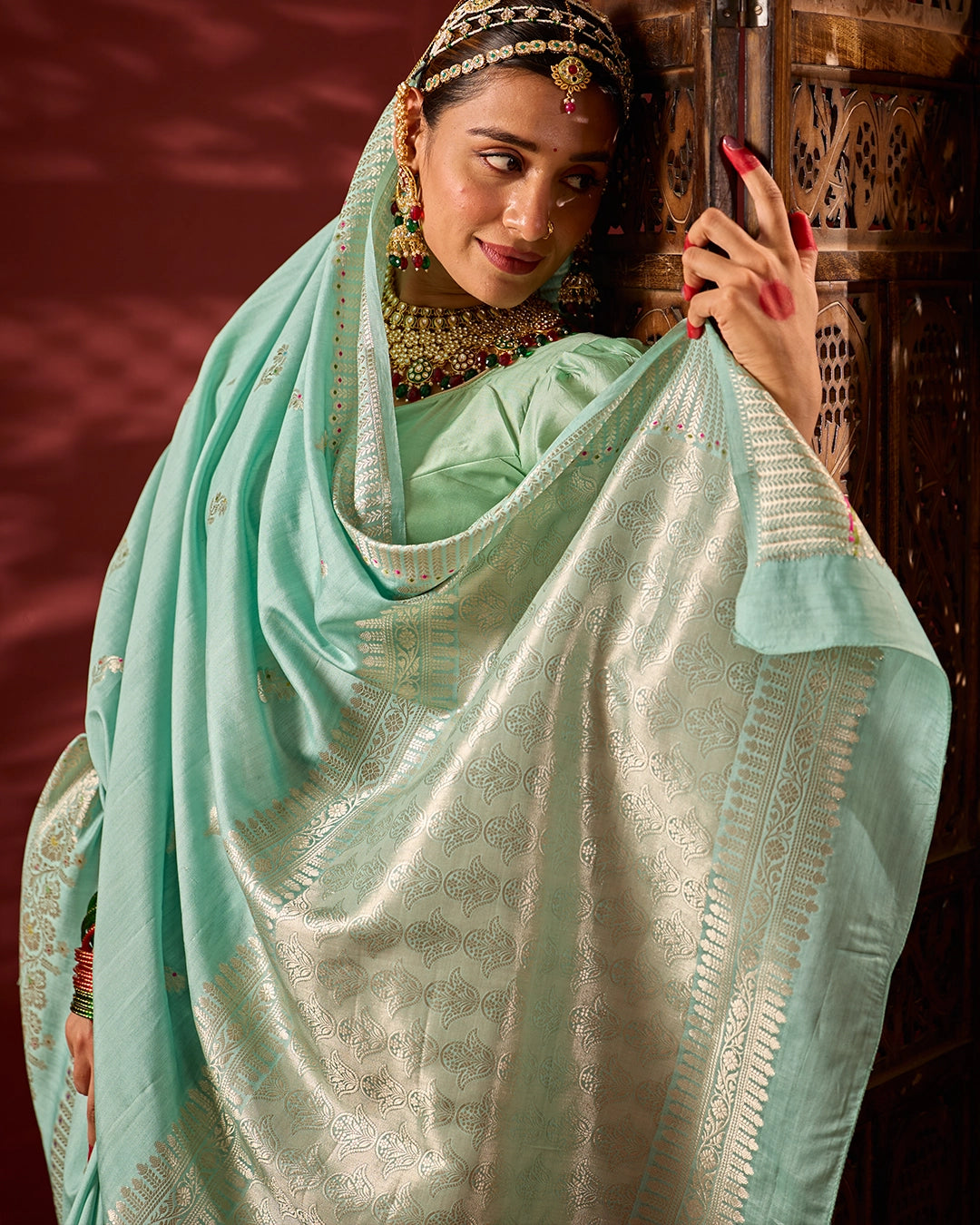 Aqua Banarasi Saree with Subtle Meenakari Weaves