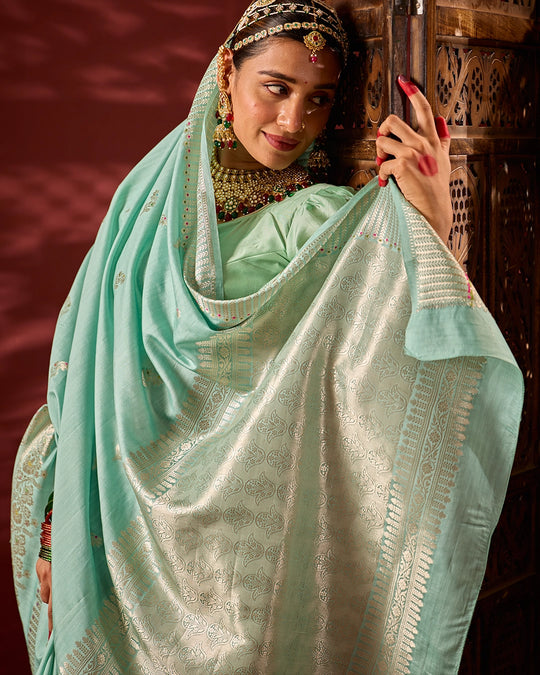 Aqua Banarasi Saree with Subtle Meenakari Weaves