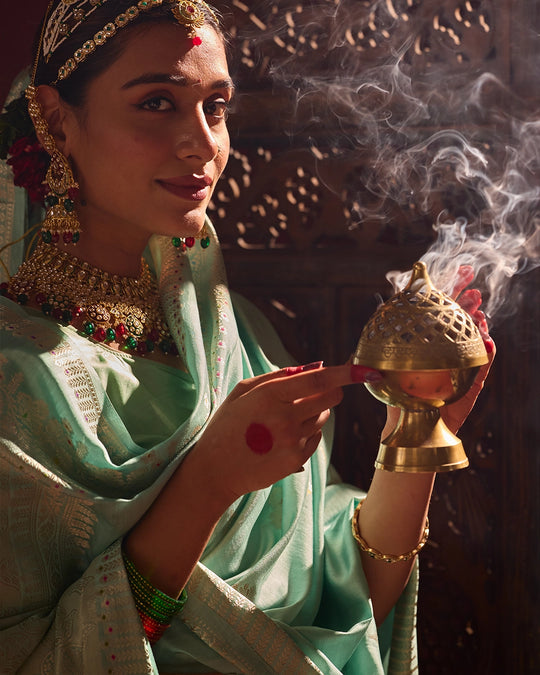 Aqua Banarasi Saree with Subtle Meenakari Weaves