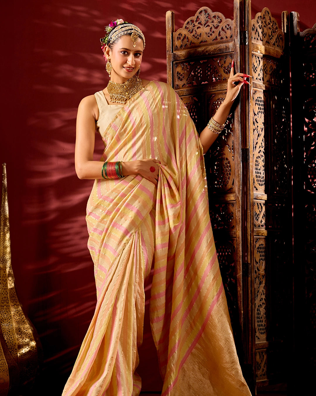 Rangkat Pure Tissue Muga Crush Saree with Water Zari Striped Weaving