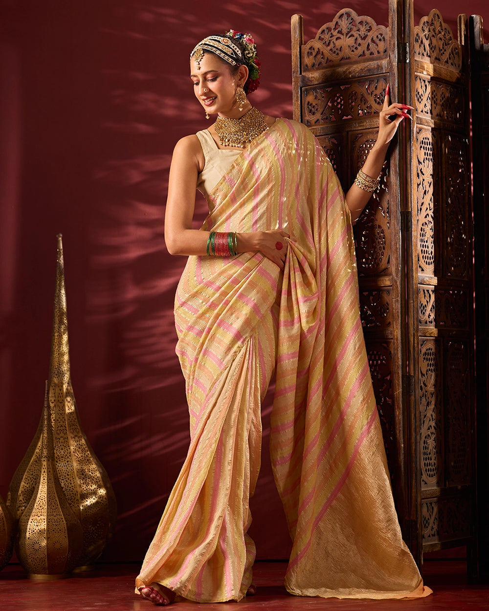 Rangkat Pure Tissue Muga Crush Saree with Water Zari Striped Weaving