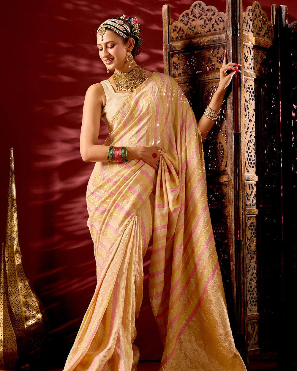 Rangkat Pure Tissue Muga Crush Saree with Water Zari Striped Weaving