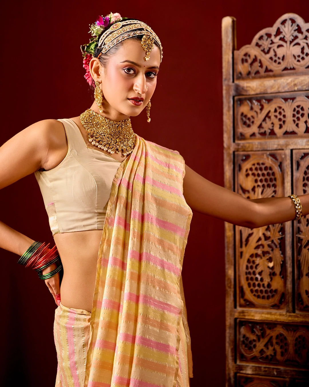 Rangkat Pure Tissue Muga Crush Saree with Water Zari Striped Weaving