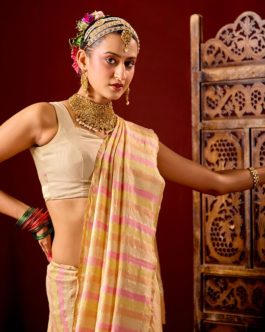 Rangkat Pure Tissue Muga Crush Saree with Water Zari Striped Weaving