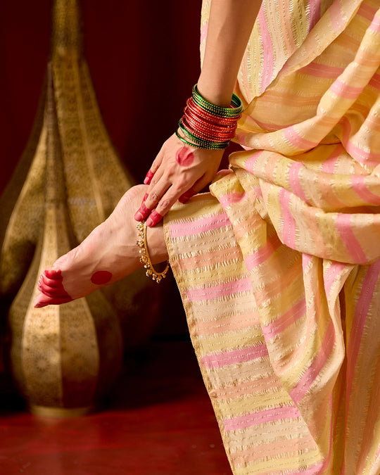 Rangkat Pure Tissue Muga Crush Saree with Water Zari Striped Weaving