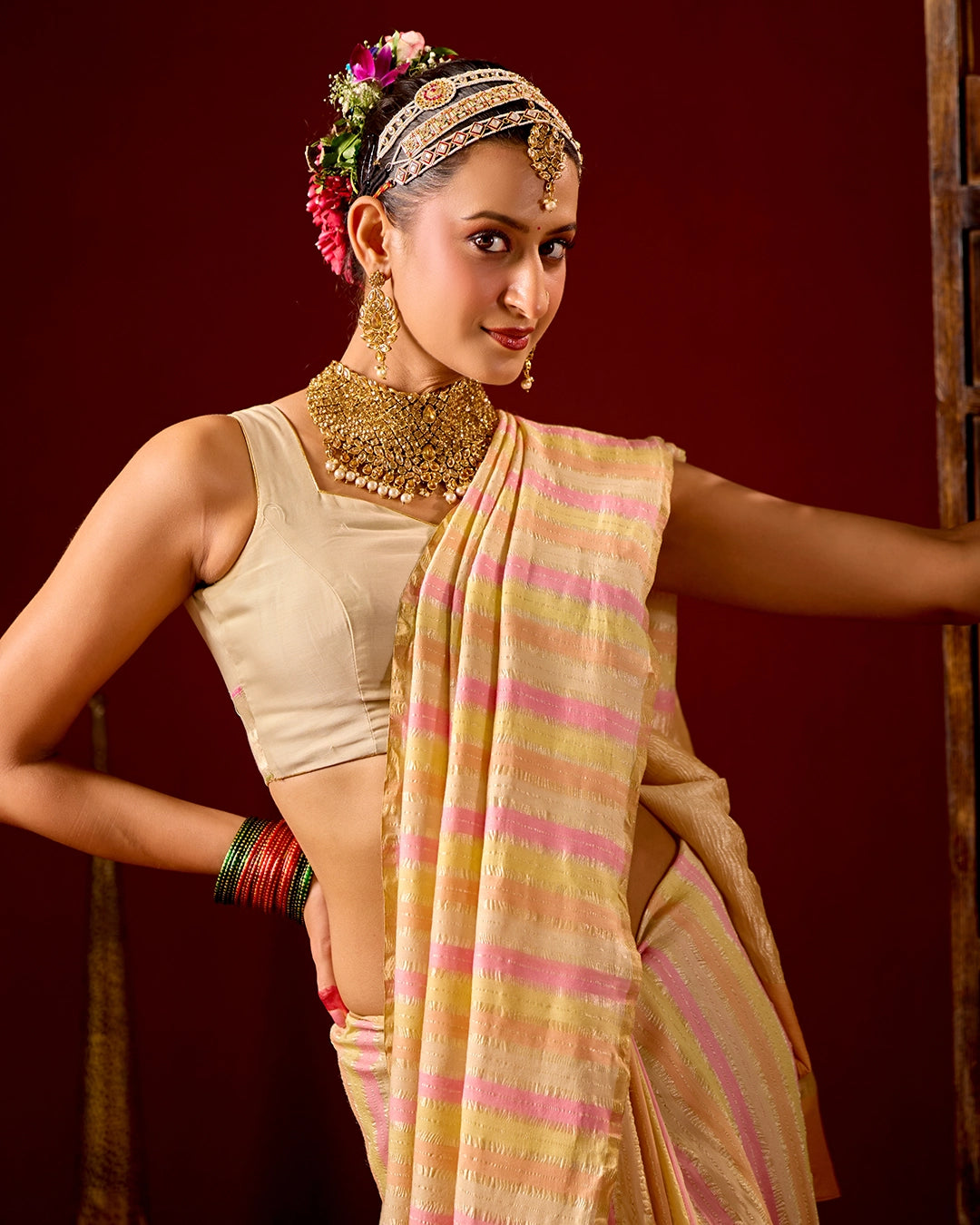Rangkat Pure Tissue Muga Crush Saree with Water Zari Striped Weaving
