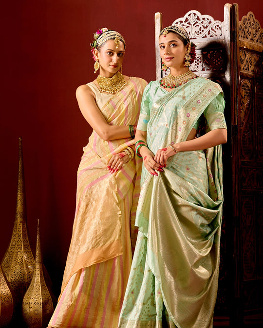 Pista Green Banarasi Saree with Floral Meenakari Weaves
