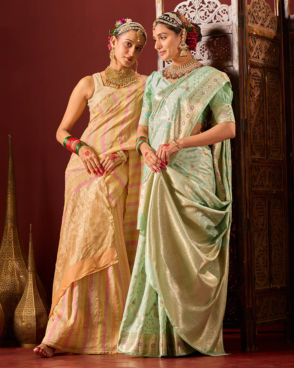 Pista Green Banarasi Saree with Floral Meenakari Weaves