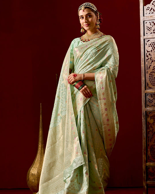 Pista Green Banarasi Saree with Floral Meenakari Weaves