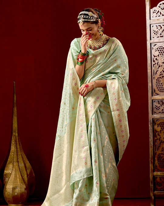 Pista Green Banarasi Saree with Floral Meenakari Weaves