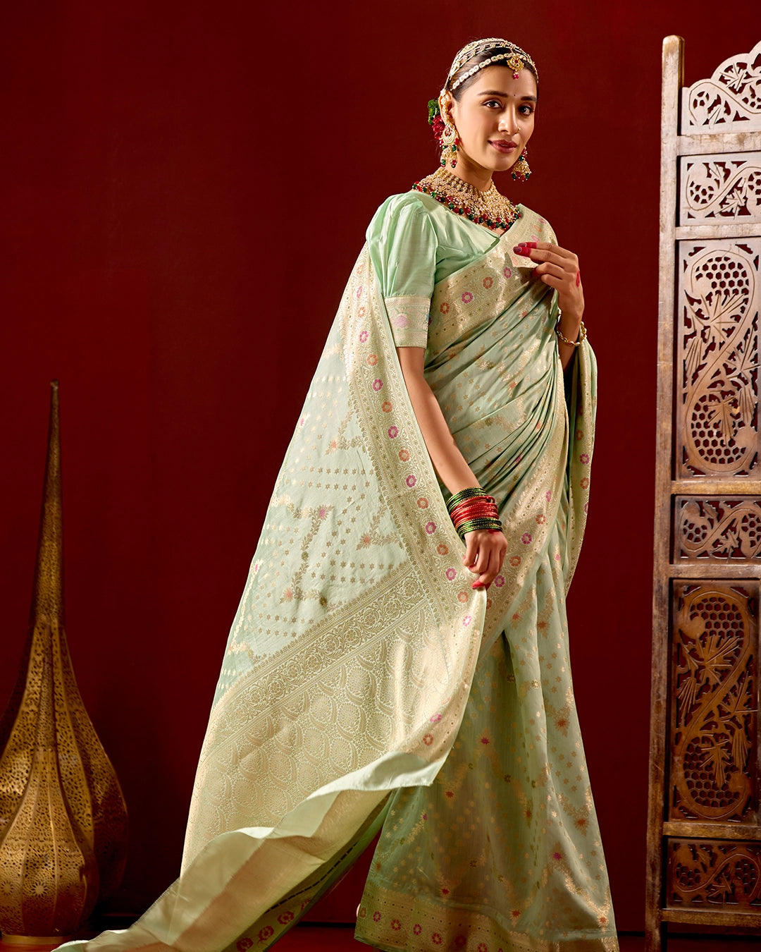 Pista Green Banarasi Saree with Floral Meenakari Weaves