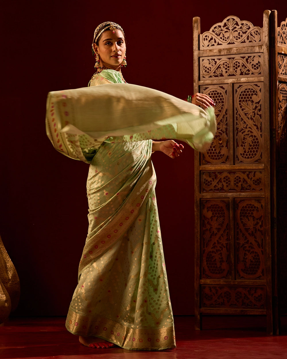 Pista Green Banarasi Saree with Floral Meenakari Weaves
