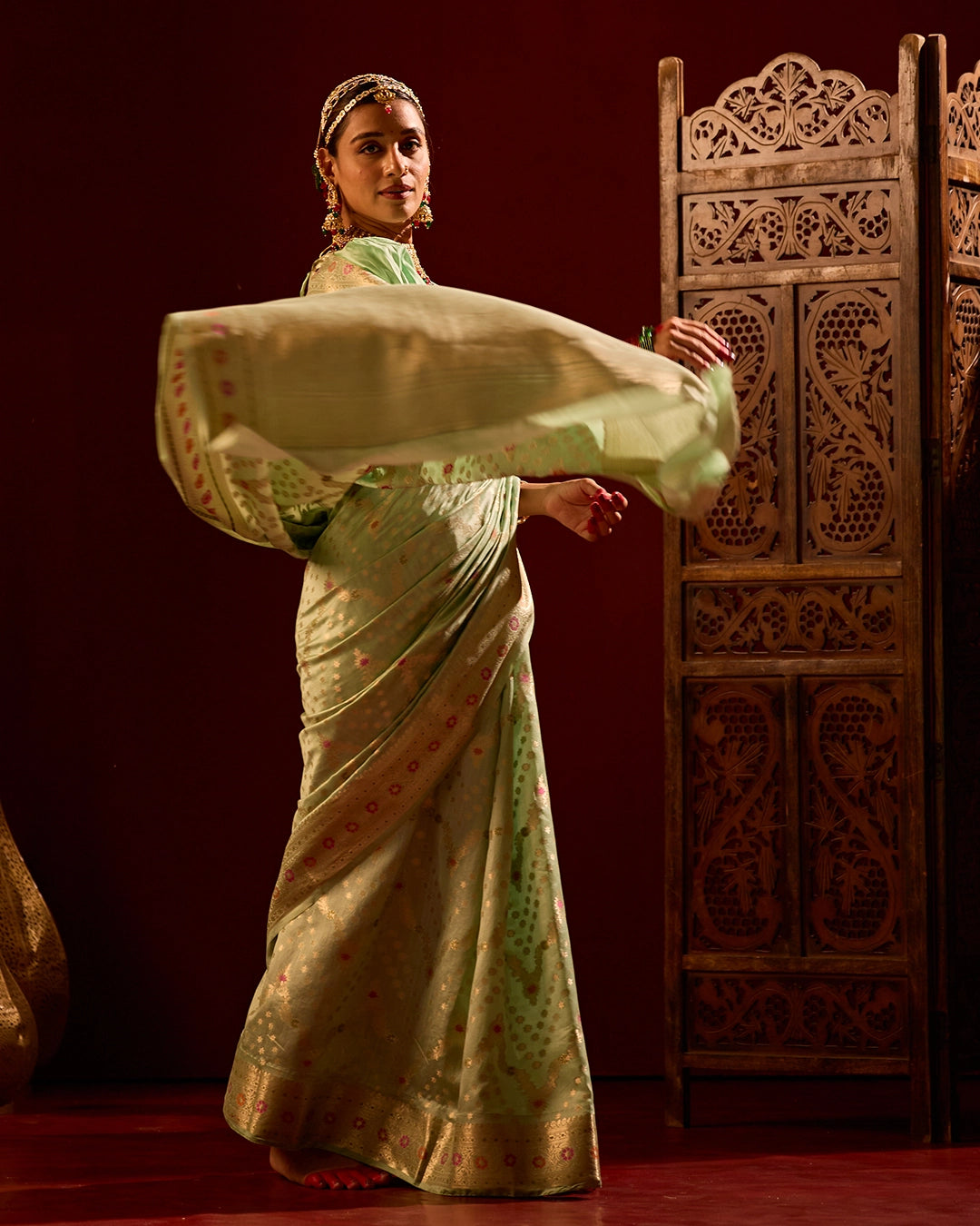 Pista Green Banarasi Saree with Floral Meenakari Weaves