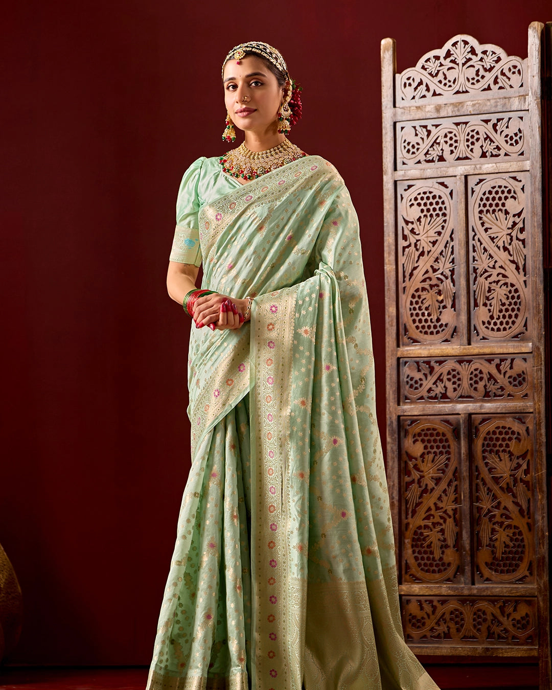 Pista Green Banarasi Saree with Floral Meenakari Weaves