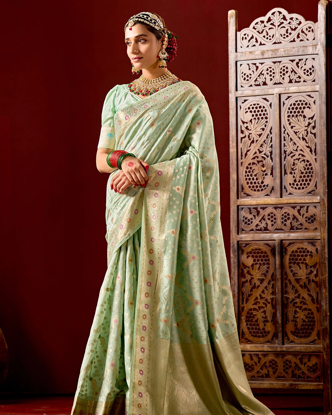 Pista Green Banarasi Saree with Floral Meenakari Weaves