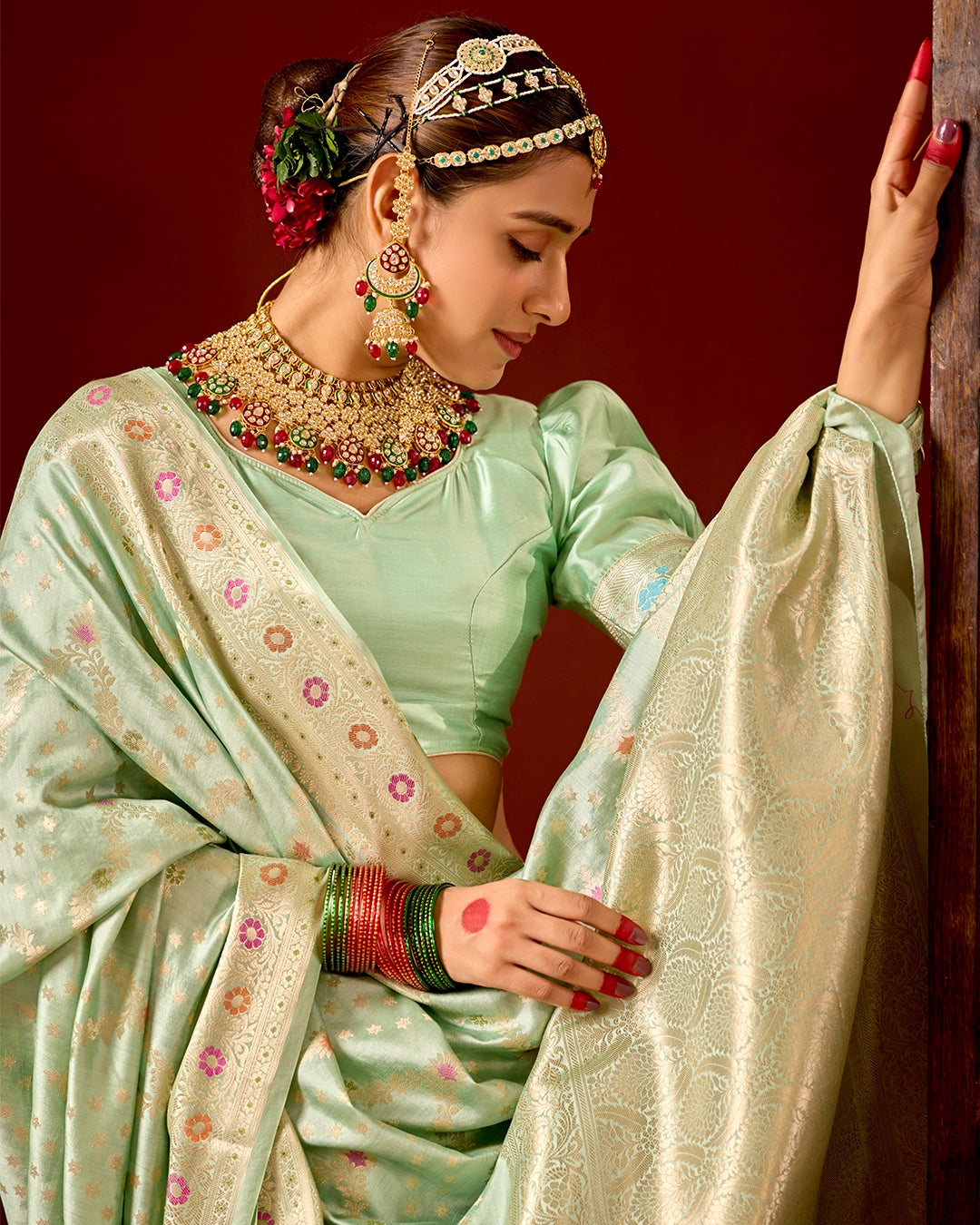 Pista Green Banarasi Saree with Floral Meenakari Weaves