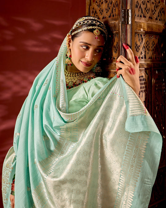 Aqua Banarasi Saree with Subtle Meenakari Weaves