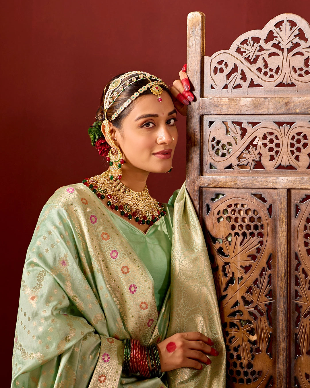 Pista Green Banarasi Saree with Floral Meenakari Weaves