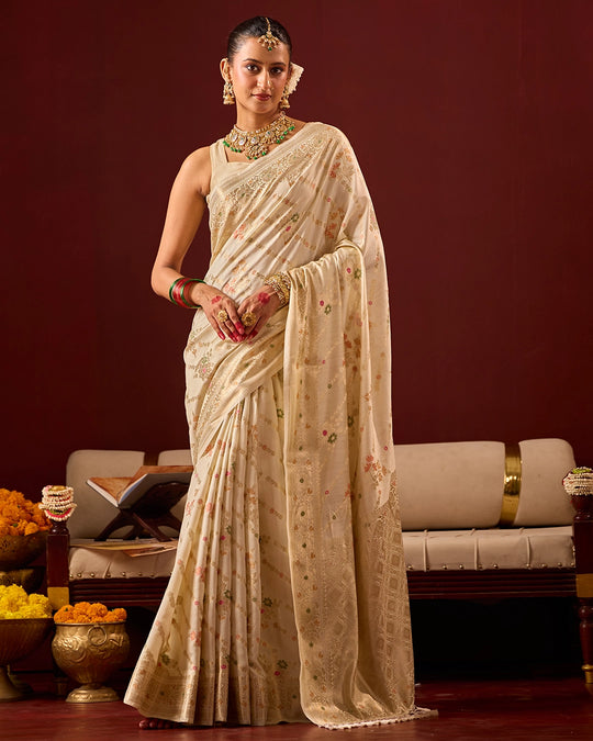 Ivory Banarasi Saree with Intricate Meenakari Jaal