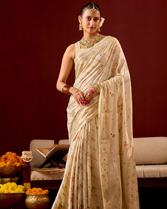 Ivory Banarasi Saree with Intricate Meenakari Jaal