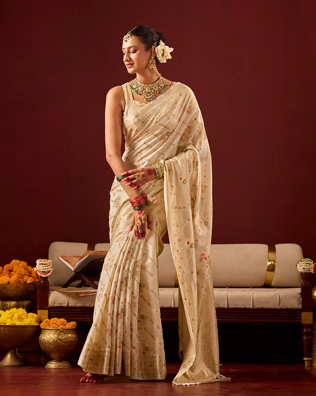 Ivory Banarasi Saree with Intricate Meenakari Jaal