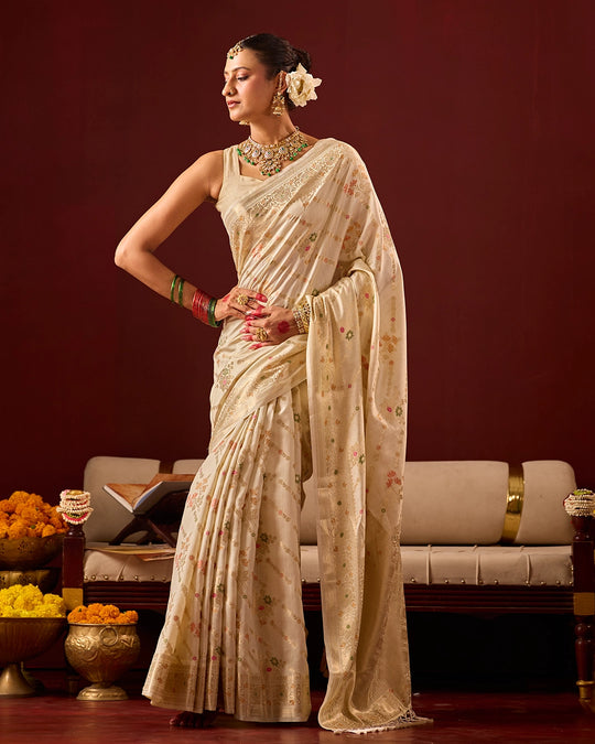 Ivory Banarasi Saree with Intricate Meenakari Jaal